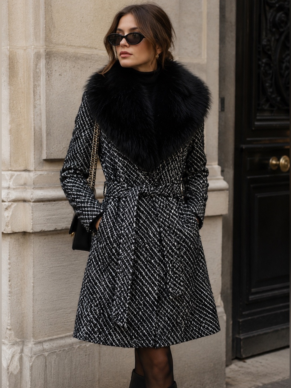 GUESS Bouclé Wool Blend Coat XS Detachable Faux Fur Collar Mob Wife Old Money